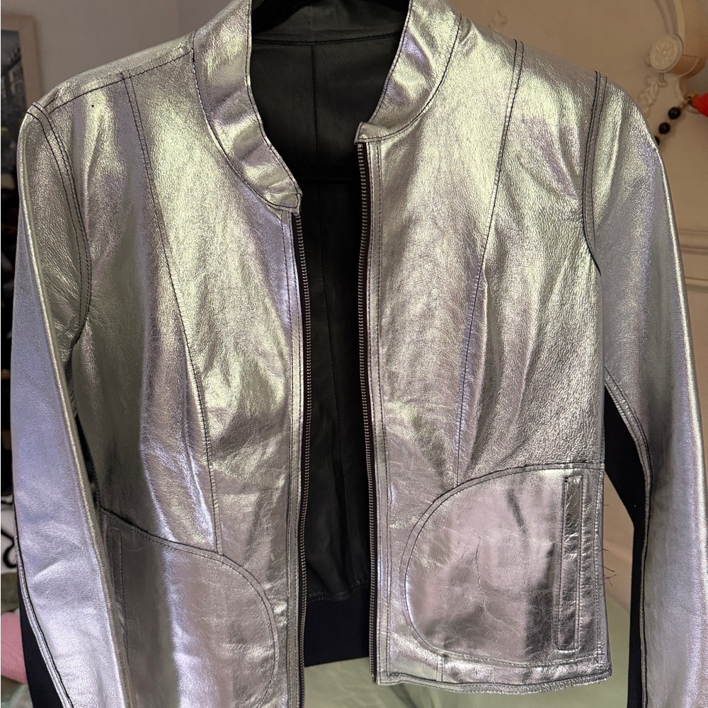 Lamarque Metallic Silver Leather Jacket used 3 times